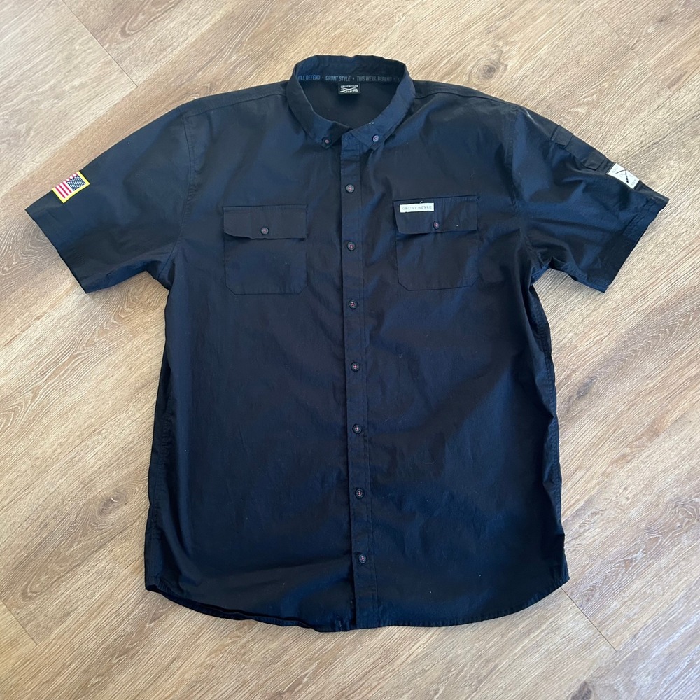 Grunt Style Mens XL Black Short Sleeve Button Down Tactical Shirt Flag Patch